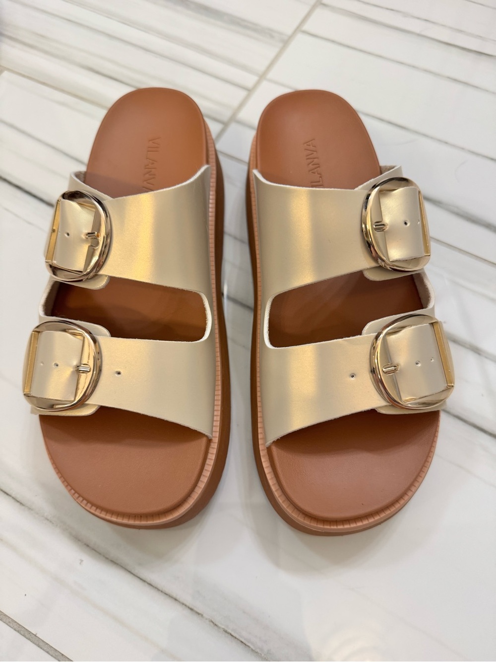 Gold Double-Buckle Slide Sandals - Women